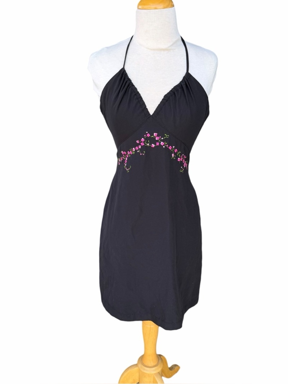 Y2K Cherry Blossom Embroidered Halter Dress Toes on the Nose Black Pink Sml GUC